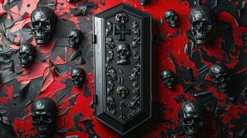 Gothic Black Coffin with Skulls and Cross on Red Background - Dark and Mysterious Halloween Decor photo