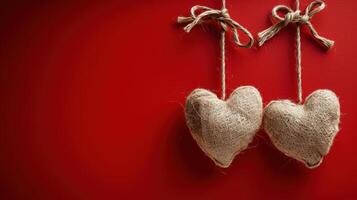 Rustic Burlap Heart Decorations Hanging on Red Background for Valentine's Day or Romantic Occasions photo