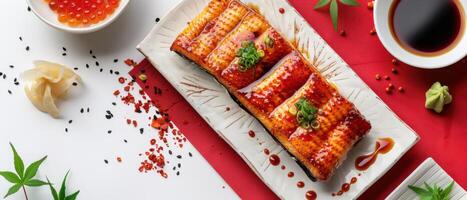 Delicious Grilled Eel Sushi with Soy Sauce and Garnishes on a White Plate with Red Background photo