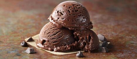Delicious Scoops of Rich Chocolate Ice Cream on Rustic Background with Chocolate Chips photo