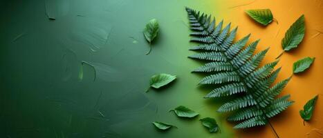 Vibrant Green and Yellow Background with Fern and Leaves - Nature Inspired Abstract Art photo