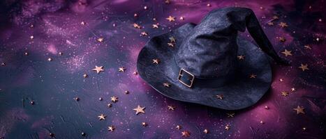 Enchanted Black Witch Hat on Mystical Purple Background with Golden Stars for Halloween or Fantasy Themes photo