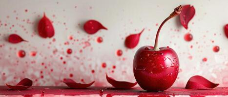 Fresh Red Cherry with Water Droplets and Red Petals on a White Background photo