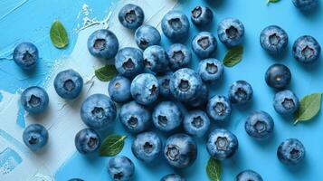 Fresh Blueberries on a Blue Background with Green Leaves - Vibrant and Healthy Fruit Arrangement photo