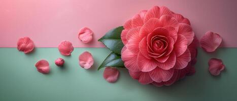 Beautiful Pink Camellia Flower with Petals on a Colorful Background photo