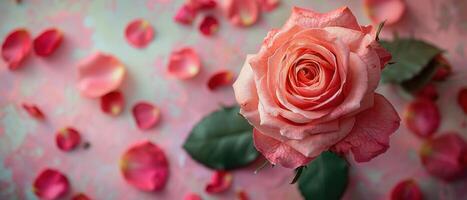 Beautiful Pink Rose with Petals Scattered on a Floral Background, Perfect for Romantic and Nature-Themed Projects photo