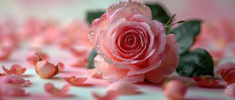 Close-Up of a Dew-Kissed Pink Rose with Petals Scattered on a Soft Background photo