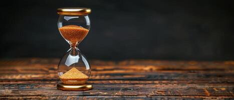 Elegant Hourglass with Golden Sand on Rustic Wooden Table, Symbolizing Time and Patience photo