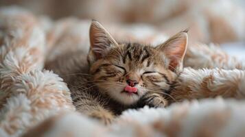 Adorable Tabby Kitten Sleeping Peacefully on a Fluffy Blanket with Tongue Sticking Out photo