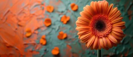 Vibrant Orange Gerbera Daisy with Textured Background in Green and Orange Tones photo