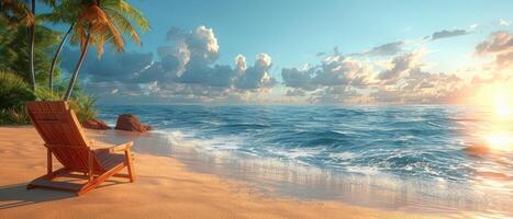 Serene Tropical Beach at Sunset with Palm Trees and Wooden Lounge Chair by the Ocean photo