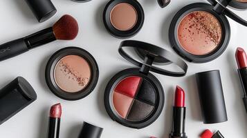 Assorted Makeup Products on White Background Including Lipsticks, Blushes, and Brushes for Beauty and Cosmetics photo