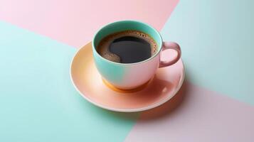 Colorful Pastel Coffee Cup on Geometric Background with Freshly Brewed Black Coffee photo