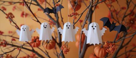 Halloween Decorations with Paper Ghosts and Bats Hanging on Branches with Pumpkins and Orange Background photo