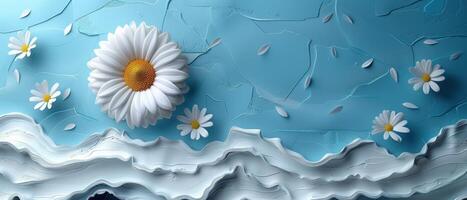 Abstract 3D Render of White Daisies on a Textured Blue Background with Layered Paper Effect photo
