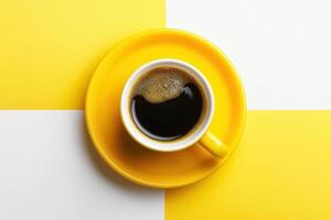 Bright Yellow Coffee Cup on a Yellow and White Checkered Background - Minimalist and Modern Design photo