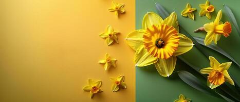 Bright Yellow Daffodils on a Split Yellow and Green Background with Copy Space photo