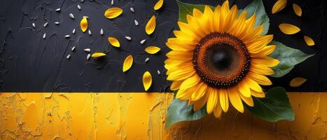 Bright Sunflower with Yellow Petals and Seeds on Textured Black and Yellow Background photo