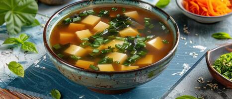 Traditional Japanese Miso Soup with Tofu and Green Onions in Ceramic Bowl on Rustic Table photo