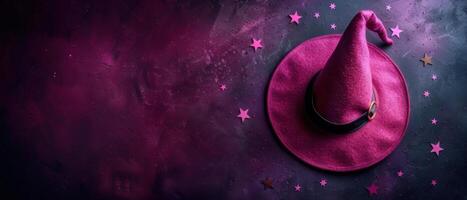 Enchanting Pink Witch Hat with Stars on Dark Purple Background - Halloween Magic and Fantasy Concept photo