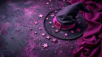 Enchanting Witch Hat with Stars and Fabric on Mystical Purple Background for Halloween photo
