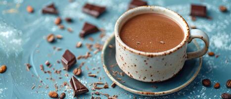 Rustic Ceramic Cup of Hot Chocolate with Chocolate Pieces and Coffee Beans on Blue Background photo