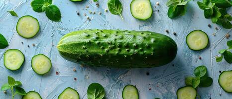 Fresh Green Cucumber Surrounded by Sliced Cucumbers and Herbs on a Light Blue Background photo