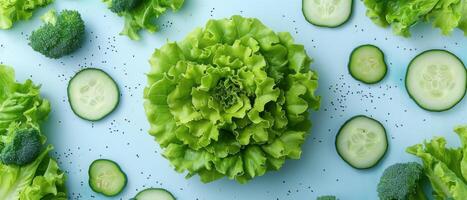 Fresh Green Vegetables Arrangement with Lettuce, Broccoli, and Cucumber Slices on Light Blue Background photo