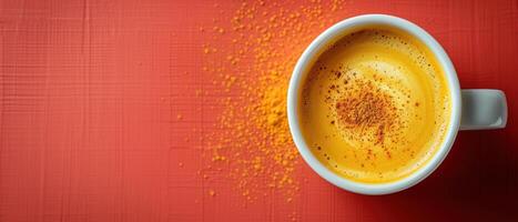 Top View of a Vibrant Turmeric Latte in a White Mug on a Red Background with Spices photo