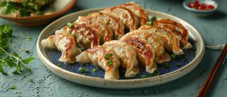 Delicious Pan-Fried Dumplings on a Ceramic Plate with Fresh Garnish and Dipping Sauce on a Textured Table photo