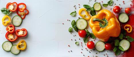 Fresh Colorful Vegetables on White Background with Sliced Bell Peppers, Cucumbers, and Cherry Tomatoes photo