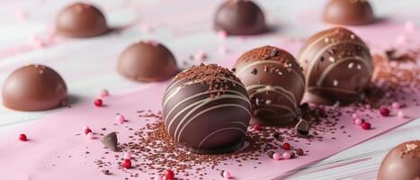 Delicious Assorted Chocolate Truffles with Sprinkles on Pink Background photo
