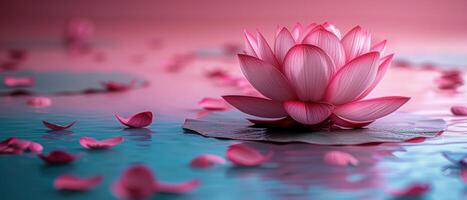 Beautiful Pink Lotus Flower Floating on Water with Petals Scattered Around in a Tranquil Setting photo