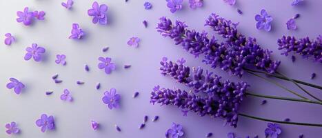 Beautiful Lavender Flowers on a Gradient Background with Petals Scattered Around photo