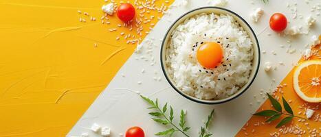 Delicious Bowl of White Rice with Egg Yolk and Fresh Ingredients on Vibrant Yellow and White Background photo
