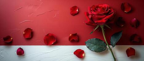 Elegant Red Rose with Petals on Textured Red and White Background - Romantic Floral Still Life photo