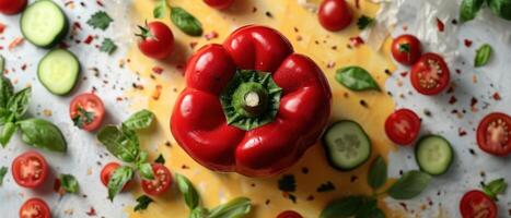 Fresh Red Bell Pepper Surrounded by Sliced Cucumbers, Cherry Tomatoes, and Basil Leaves on a Light Background photo