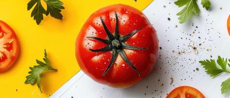 Fresh Red Tomato with Green Leaves and Peppercorns on Colorful Background photo