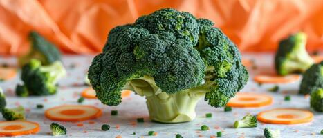 Fresh Broccoli Floret with Sliced Carrots and Green Onions on a Light Background with Orange Backdrop photo