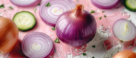 Fresh Red and Yellow Onions with Sliced Cucumbers on Pink Background photo