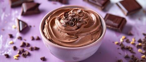 Delicious Chocolate Mousse in a Bowl with Chocolate Shavings on a Purple Background photo