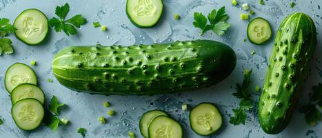 Fresh Green Cucumbers and Slices on a Light Blue Background with Parsley photo