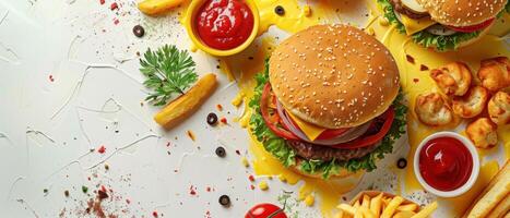 Delicious Cheeseburger with Fries and Ketchup on a White Background with Toppings and Condiments photo