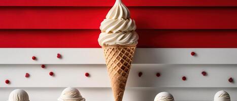 Delicious Vanilla Ice Cream Cone with Red and White Striped Background and Small Red Heart Decorations photo