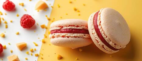 Delicious Raspberry Macarons on Yellow and White Background with Crumbs and Fresh Raspberries photo