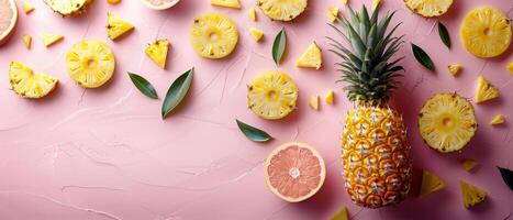 Fresh Pineapple and Sliced Pieces on Pink Background with Green Leaves - Tropical Summer Fruit Arrangement photo