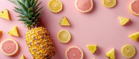 Fresh Pineapple and Citrus Fruits on Pink Background - Vibrant and Colorful Tropical Fruit Arrangement photo