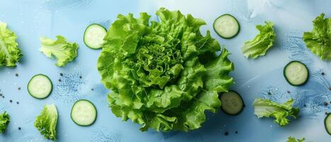 Fresh Green Lettuce and Sliced Cucumbers on a Blue Background with Peppercorns photo