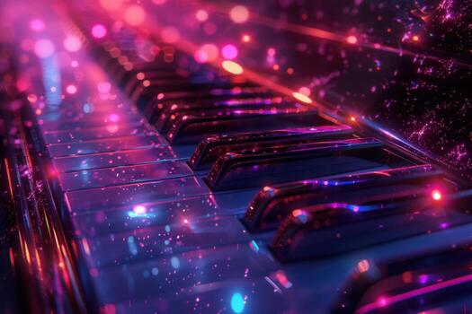 Neon Lit Piano Keys with Vibrant Bokeh Lights in a Futuristic Music Setting photo