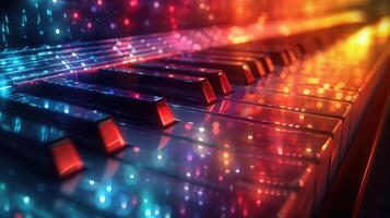 Colorful Illuminated Piano Keys with Vibrant Lights and Reflections in a Dark Room photo